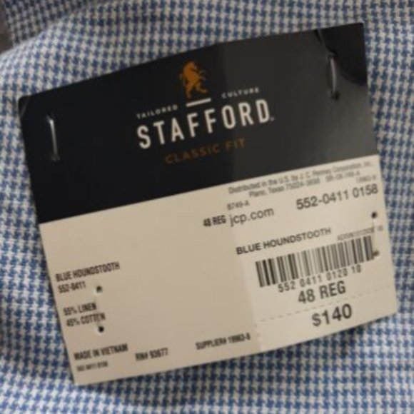 Stafford Classic Fit Sport Jacket Mens Blue Houndstooth Size 48 REG Linen Cotton - Picture 8 of 13